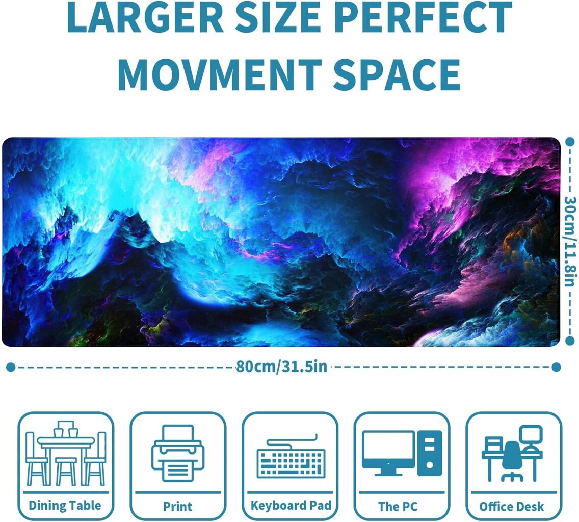 Dazzling Galaxy Gaming Mouse Pad Blue Desk Mat XL Mouse Gaming Pads, Starry Sky Keyboard Pads Extra Large Desktop Computer Mats with Non-Slip Base & Stitched Edges, Vintage Office Decor 31.5×11.8
