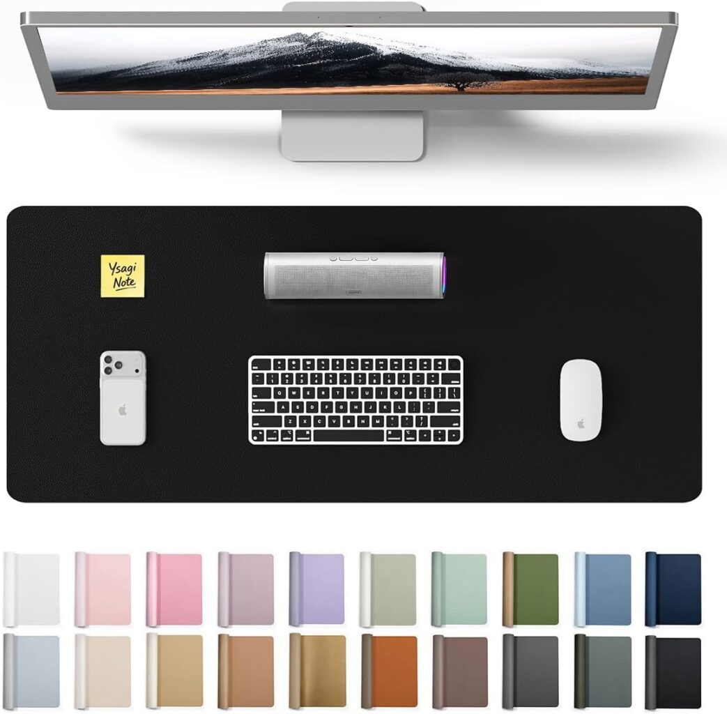 YSAGi Leather Office Desk Pad Protector, Large Mouse Pad, Non-Slip, PU Leather, Laptop Desk Blotter, Waterproof Writing Pad for Office and Home, Black, 23.6″ x 13.8″