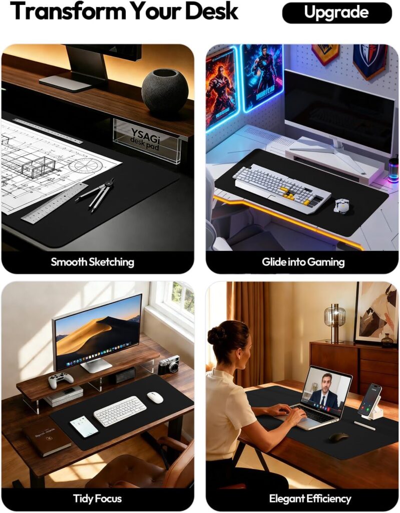 YSAGi Leather Office Desk Pad Protector, Large Mouse Pad, Non-Slip, PU Leather, Laptop Desk Blotter, Waterproof Writing Pad for Office and Home, Black, 23.6″ x 13.8″