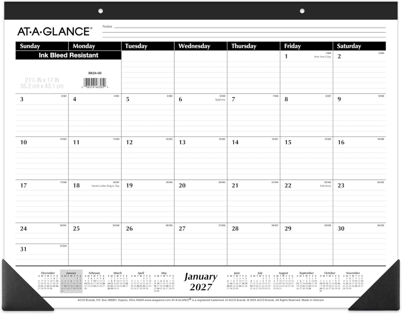 AT-A-GLANCE 2027 Desk Pad Calendar, Monthly Desk Wall Planner, 21.75″ x 17″, Ruled Blocks (SK240027), White