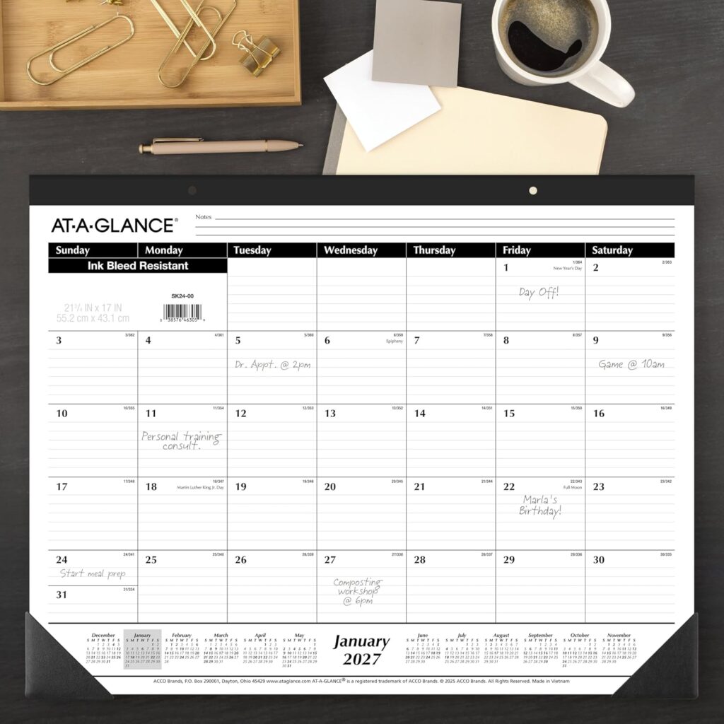AT-A-GLANCE 2027 Desk Pad Calendar, Monthly Desk Wall Planner, 21.75″ x 17″, Ruled Blocks (SK240027), White