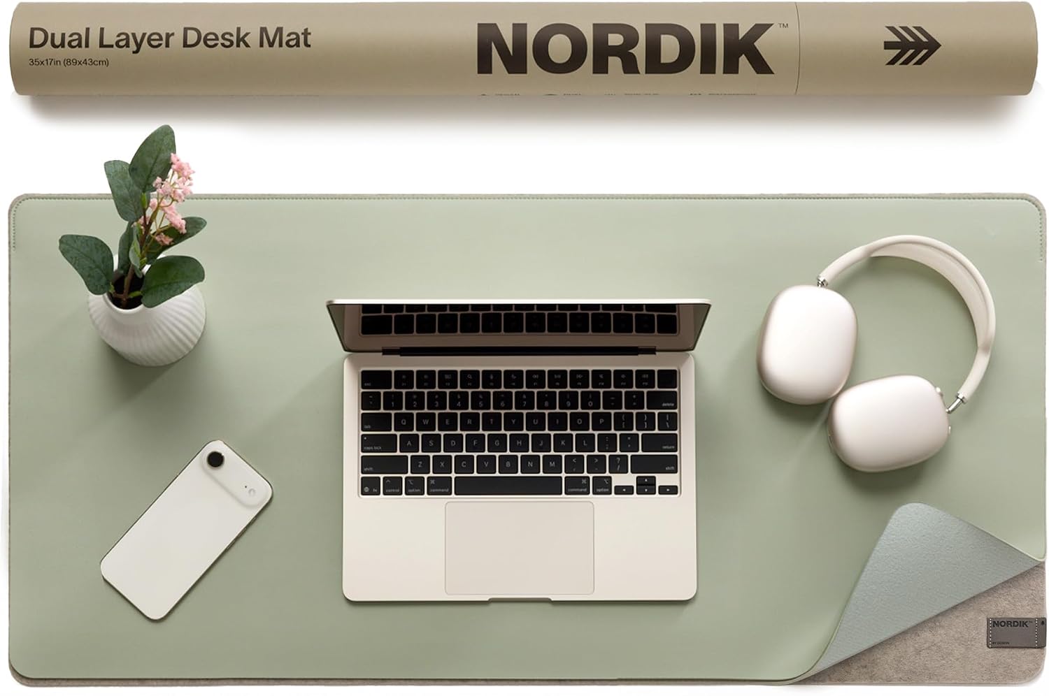 Nordik Felt and Leather Desk Mat – Dual Layer Willow Haze Sage 35 x 17 in