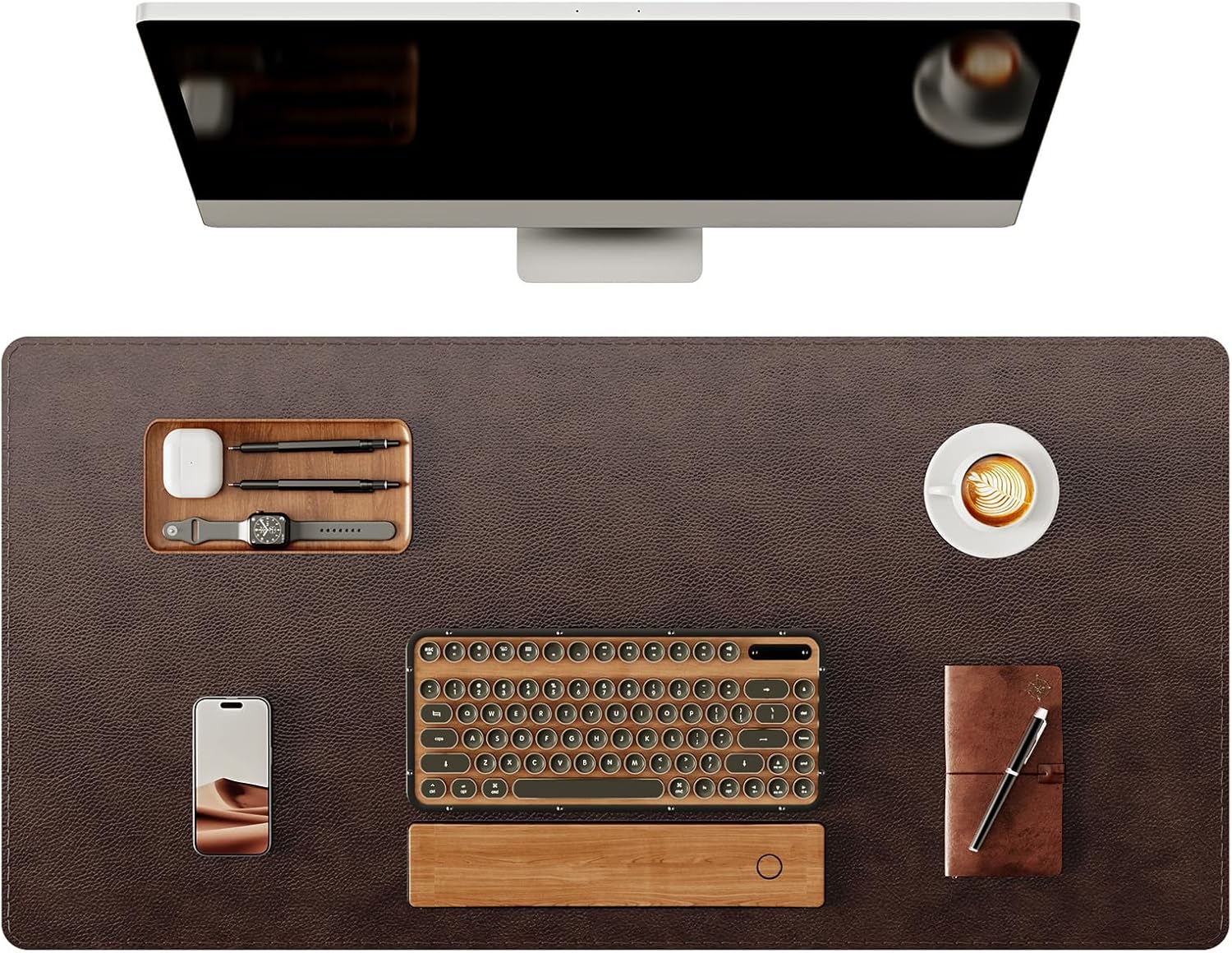 YSAGi Genuine Leather Desk Mat, 35.4″X17″ Office Desk Pad, Thick Premium Table Pad with Stitched Line, Non-Slip Laptop Writing Pad with Rubber Base (Dark Brown, 35.4″x17″)
