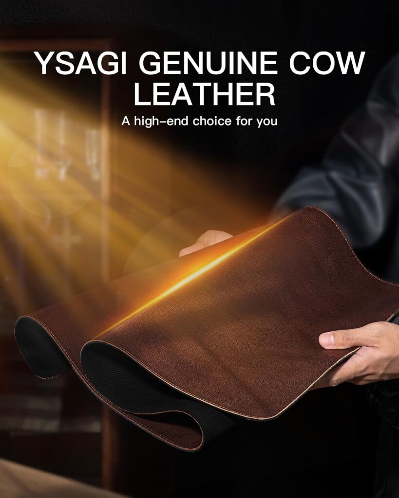 YSAGi Genuine Leather Desk Mat, 35.4″X17″ Office Desk Pad, Thick Premium Table Pad with Stitched Line, Non-Slip Laptop Writing Pad with Rubber Base (Dark Brown, 35.4″x17″)